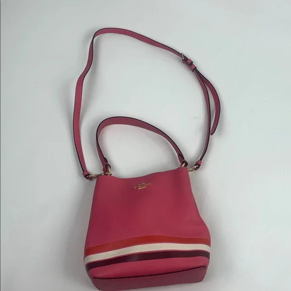 Coach Small Town Bucket Bag crossbody Pink White Red Striped Gold Zip pocket - Picture 7 of 16